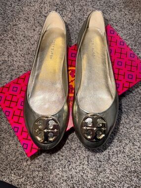 Tory Burch Metallic Gold Logo Ballet Flats